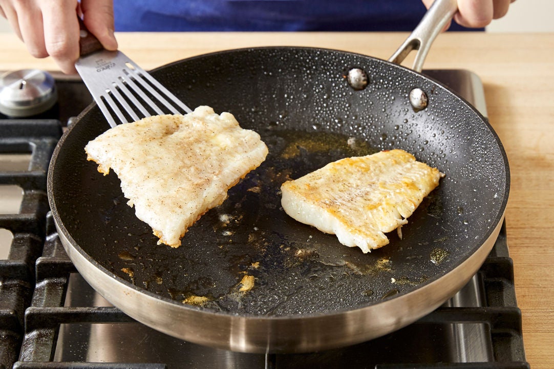 Recipe Seared Cod & Crème Fraîche Sauce with Potato, Cabbage, & Olive