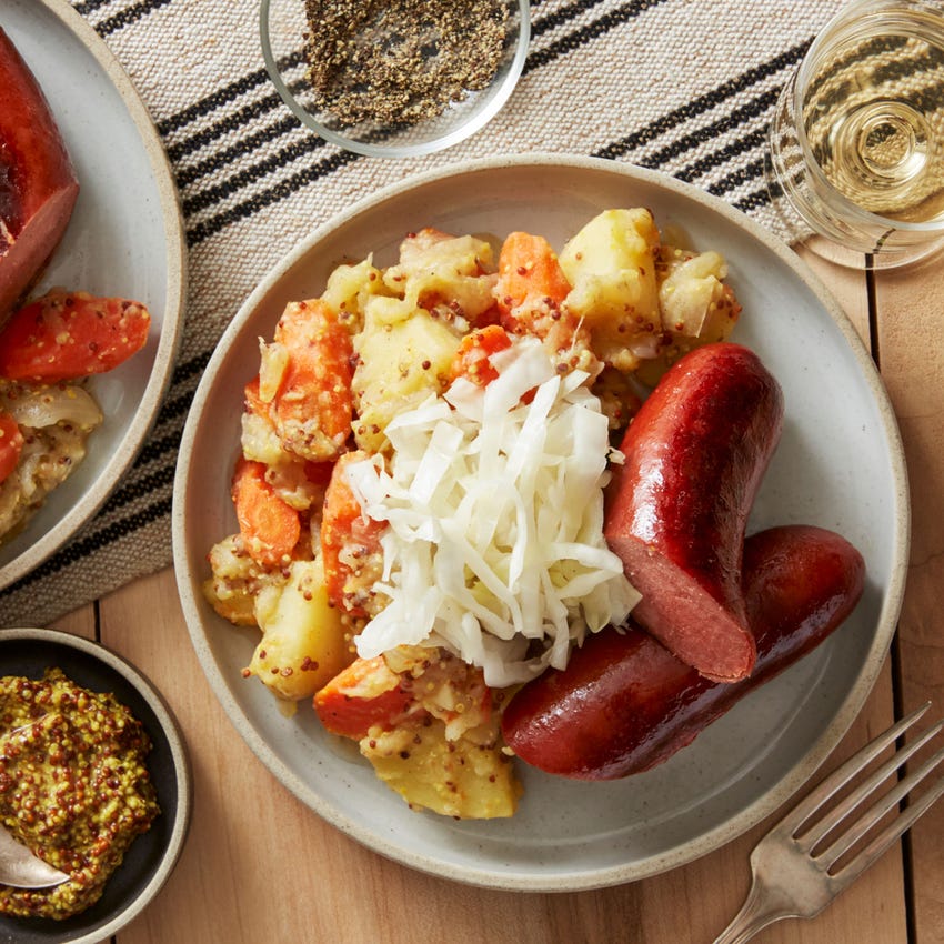 Recipe Beef Knockwurst & Sauerkraut with Potato Salad & Whole Grain