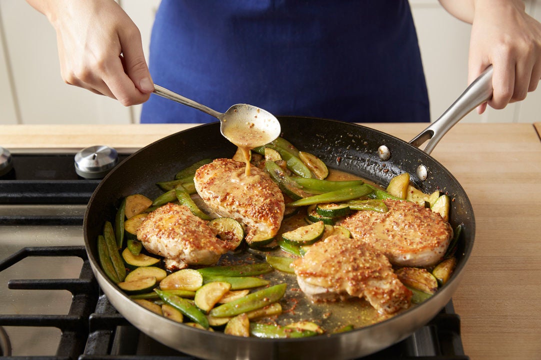 Recipe Seared Chicken & Mustard Pan Sauce with Summer Squash & Garlic