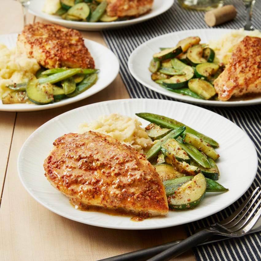 Recipe Seared Chicken & Mustard Pan Sauce with Summer Squash & Garlic