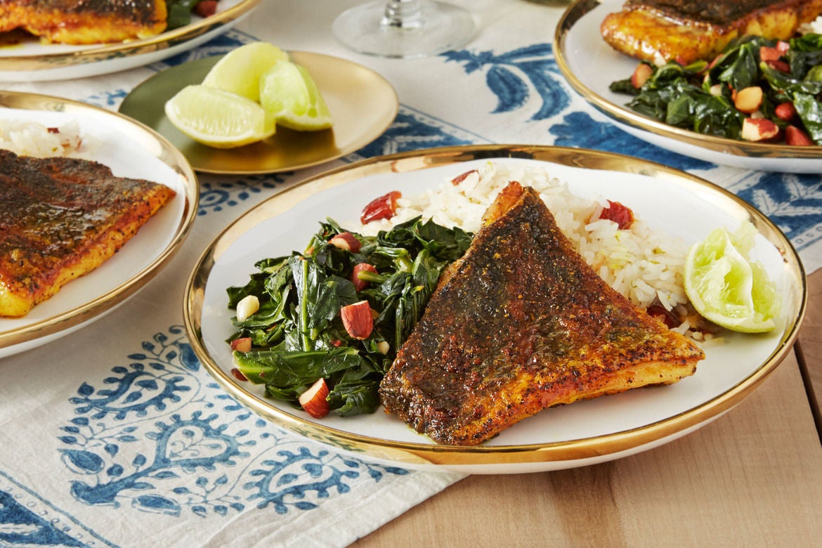 Recipe SumacSpiced Barramundi with Coconut Rice & Collard Greens