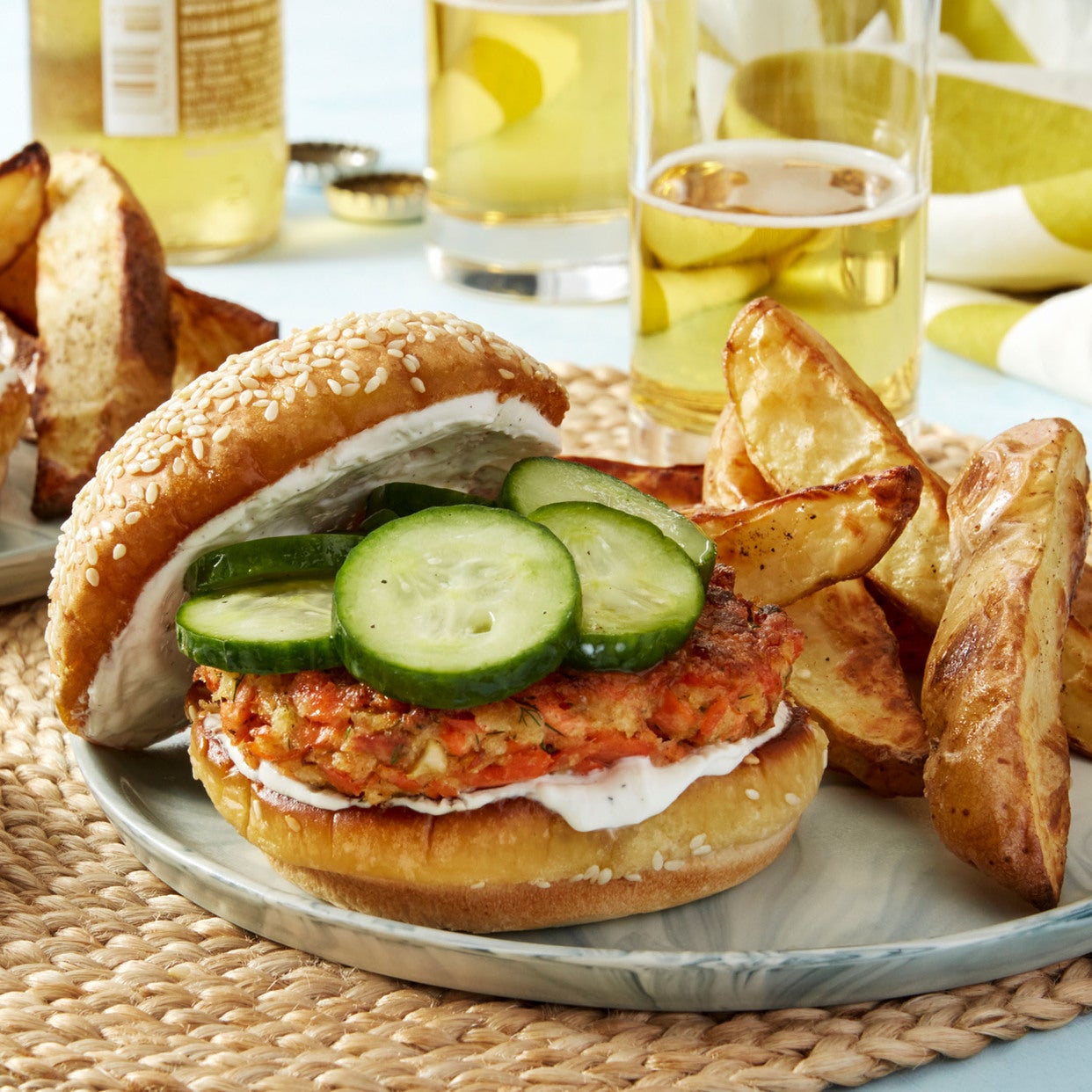 Recipe SalmonDill Burgers with Marinated Cucumber & Roasted Potatoes