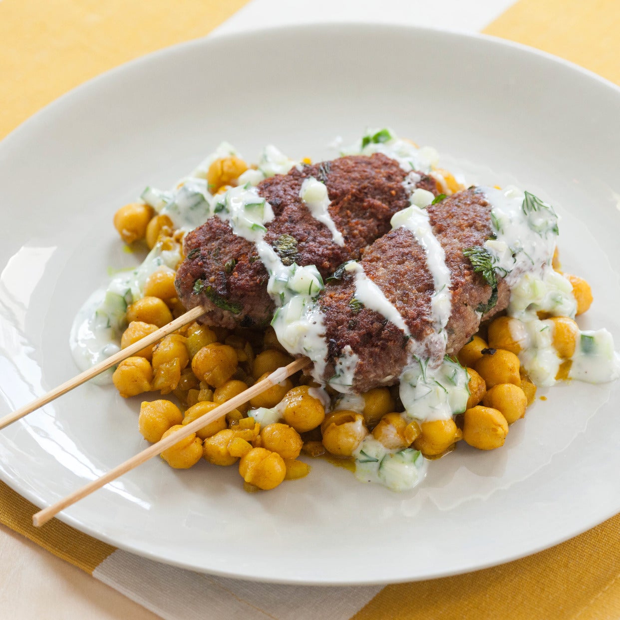 Recipe Lamb Kofte Kebabs with Sautéed Chickpeas & Cucumber Yogurt