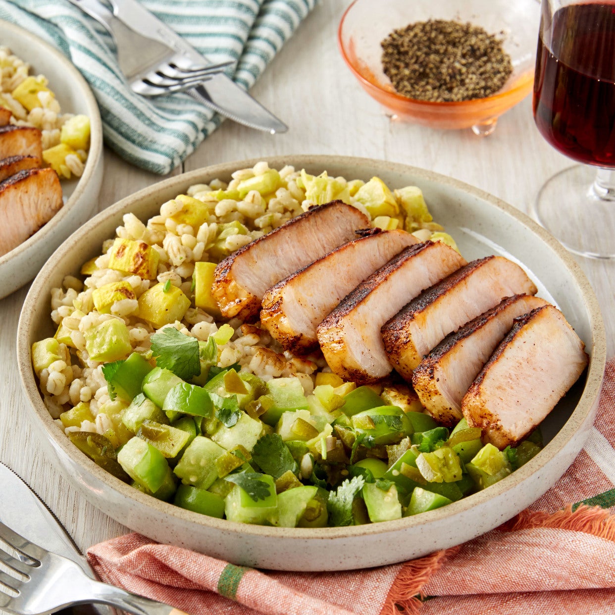 Recipe Blackened Pork Chops with Roasted Squash & Tomatillo Salsa