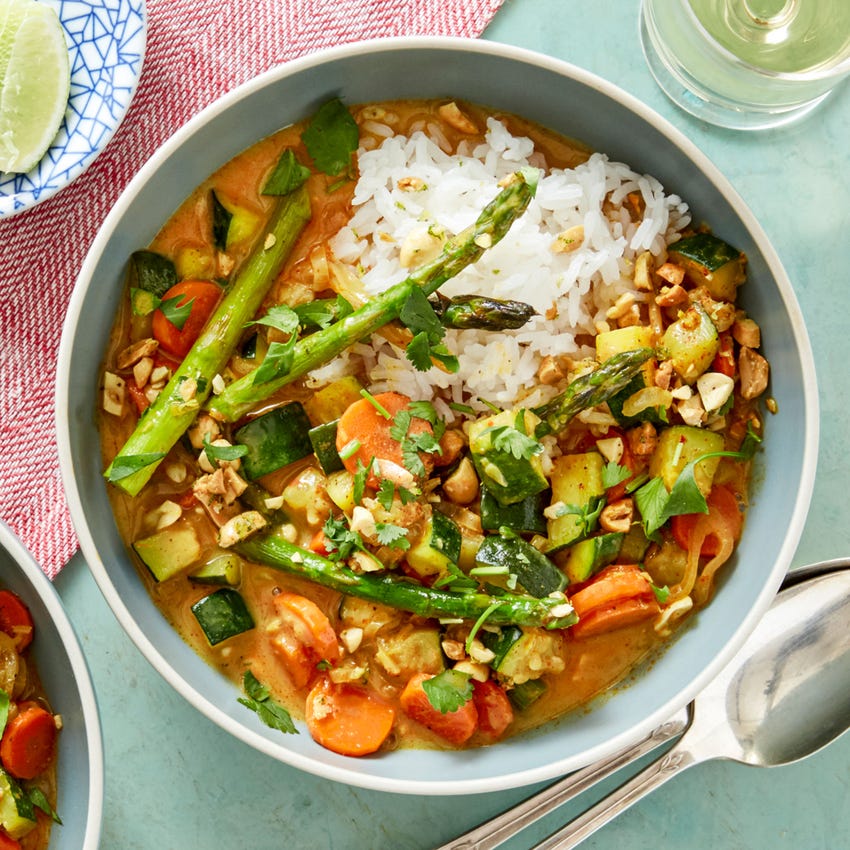 Recipe Asparagus & Summer Squash Curry with GingerLime Peanuts Blue