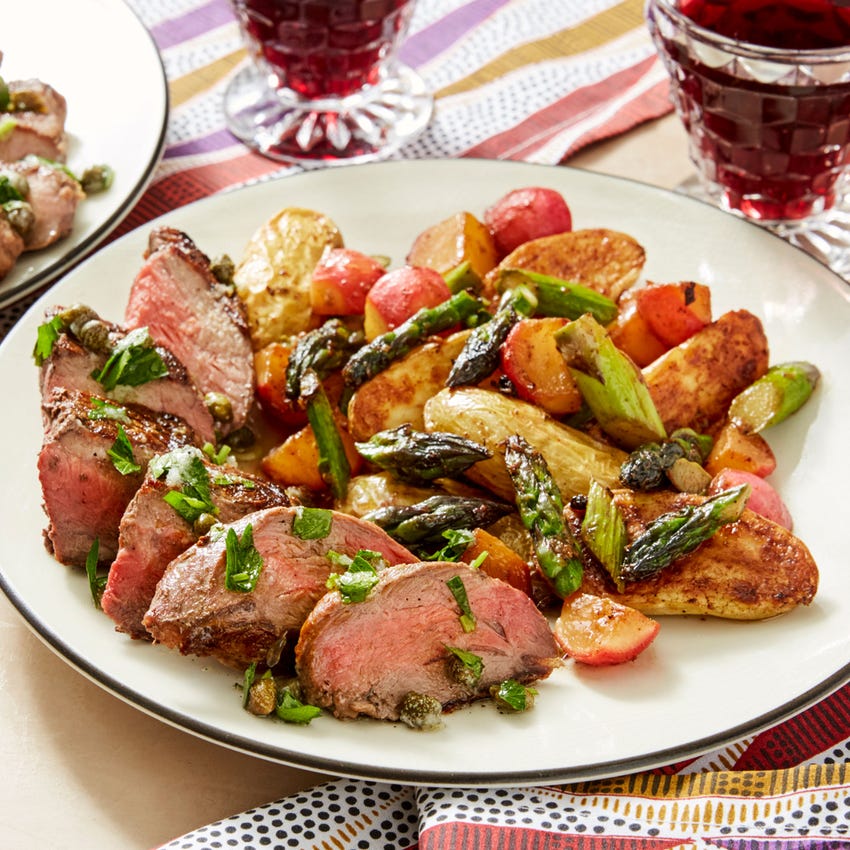 Recipe Seared Steaks & Salsa Verde with Fingerling Potatoes, Asparagus