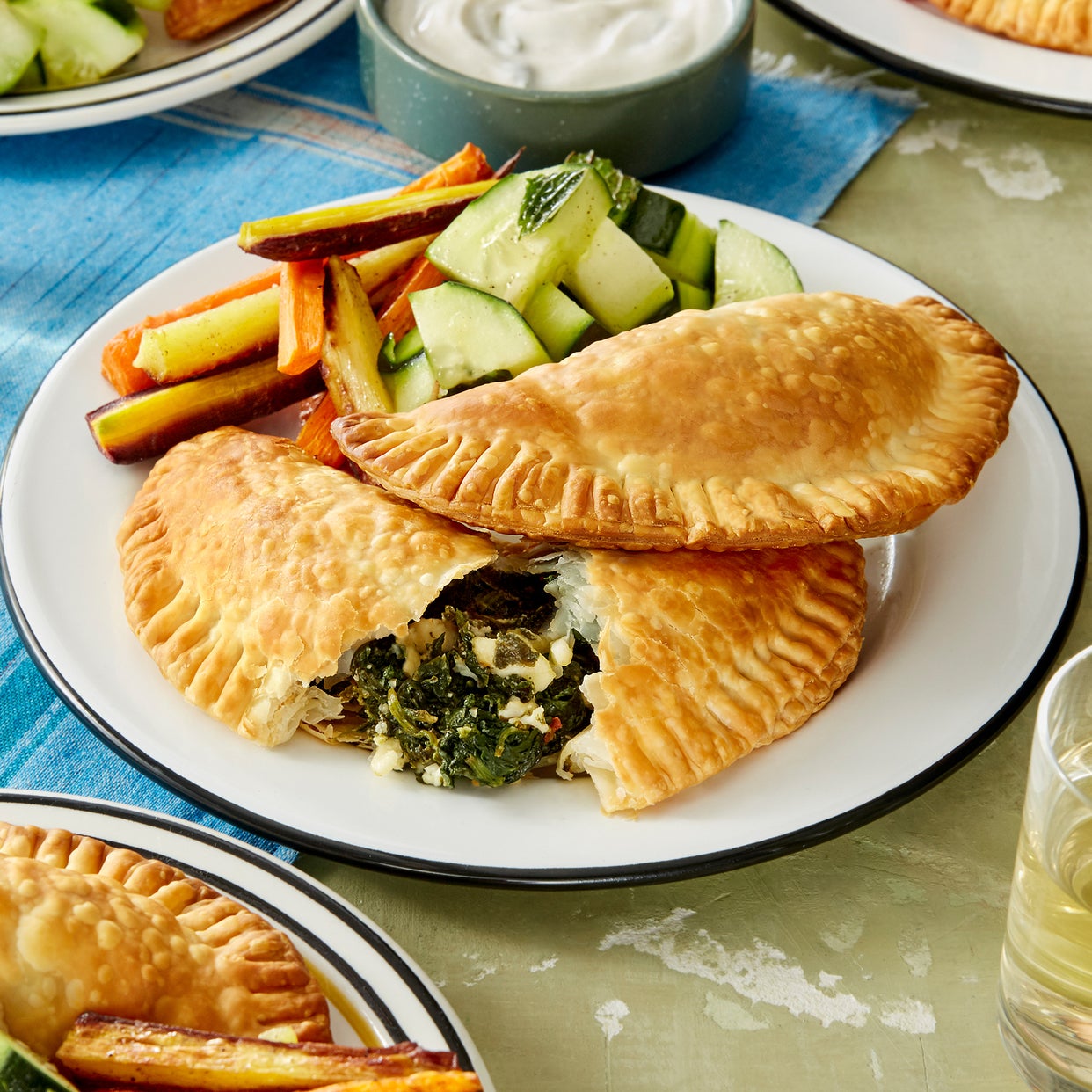 Recipe Greek Spinach & Feta Cheese Pies with Yogurt Sauce & Roasted