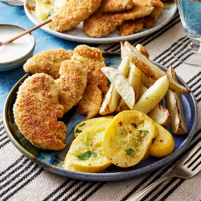 Recipe Crispy Chicken Tenders with Roasted Potatoes & Summer Squash
