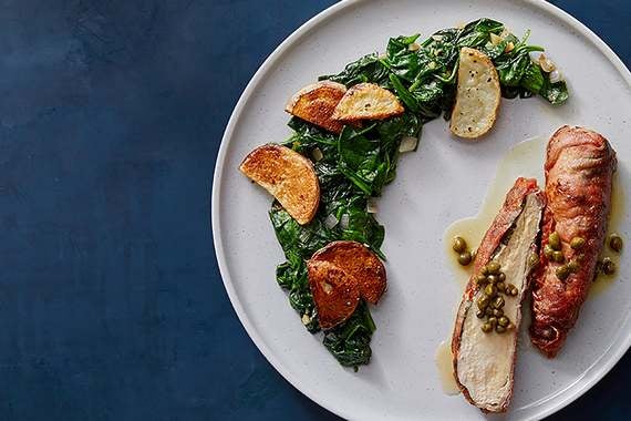 Recipe Chicken Saltimbocca With Roasted Potatoes Spinach Caper Pan Sauce Blue Apron Be sure that the this recipe does not call for cheese, which lets the wonderful fresh sage flavor stand through. chicken saltimbocca with roasted potatoes spinach caper pan sauce