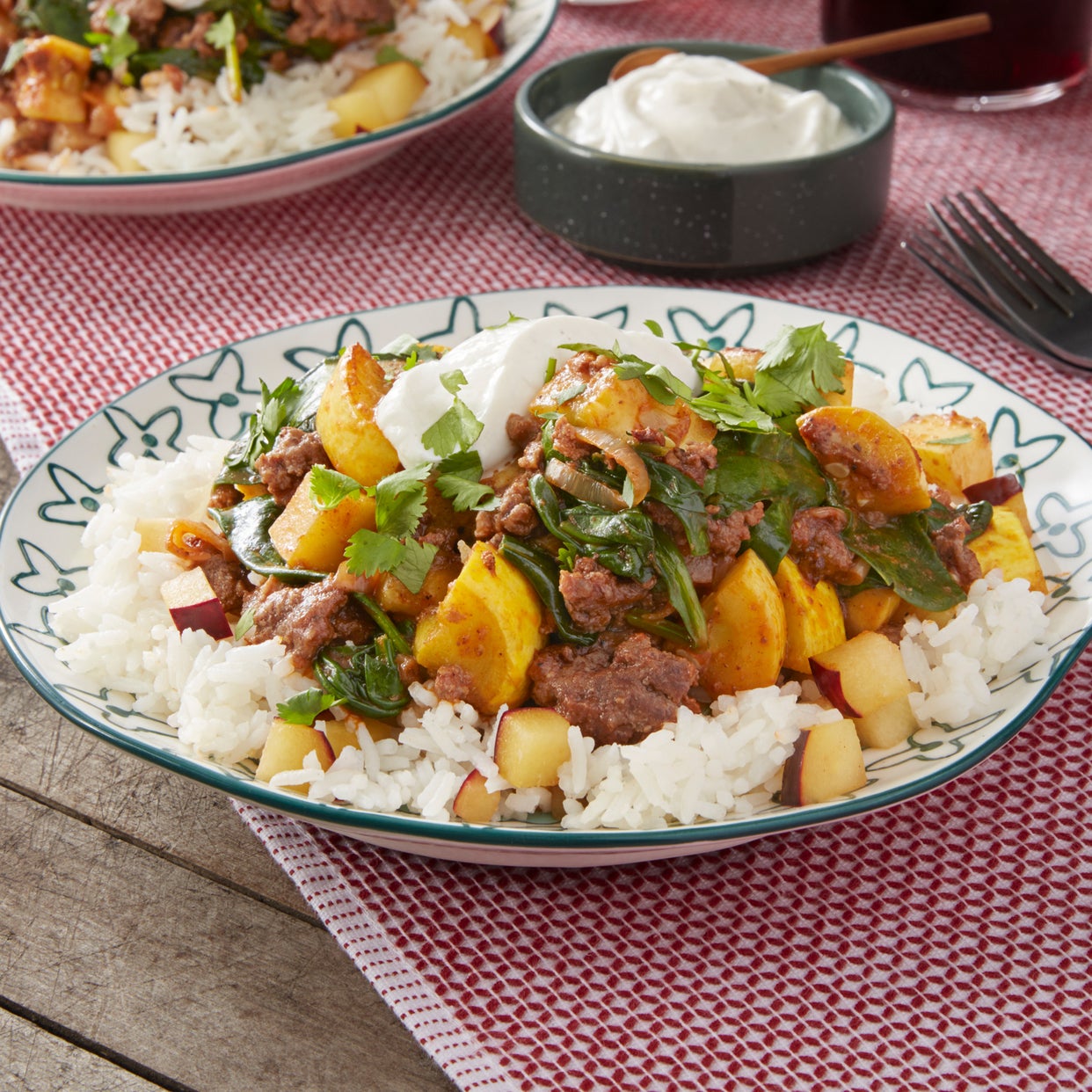 Recipe MasalaSpiced Beef with Plum Rice & Lime Yogurt Blue Apron