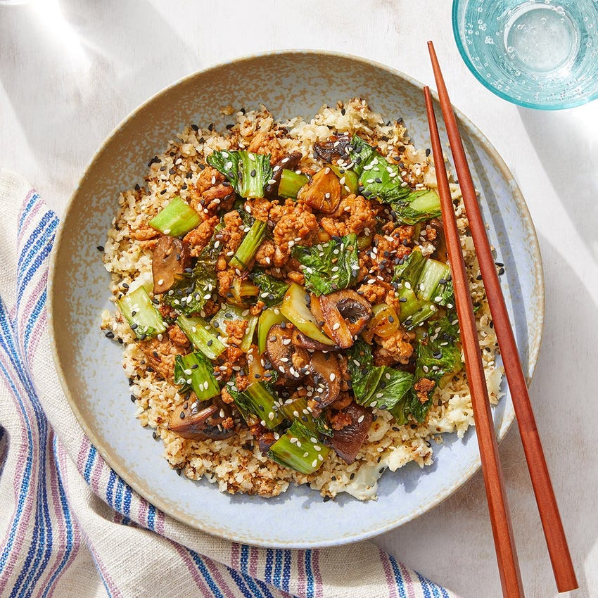 Recipe Turkey Mushroom Stir Fry With Cauliflower Rice Spicy Soy Miso Sauce Blue Apron
