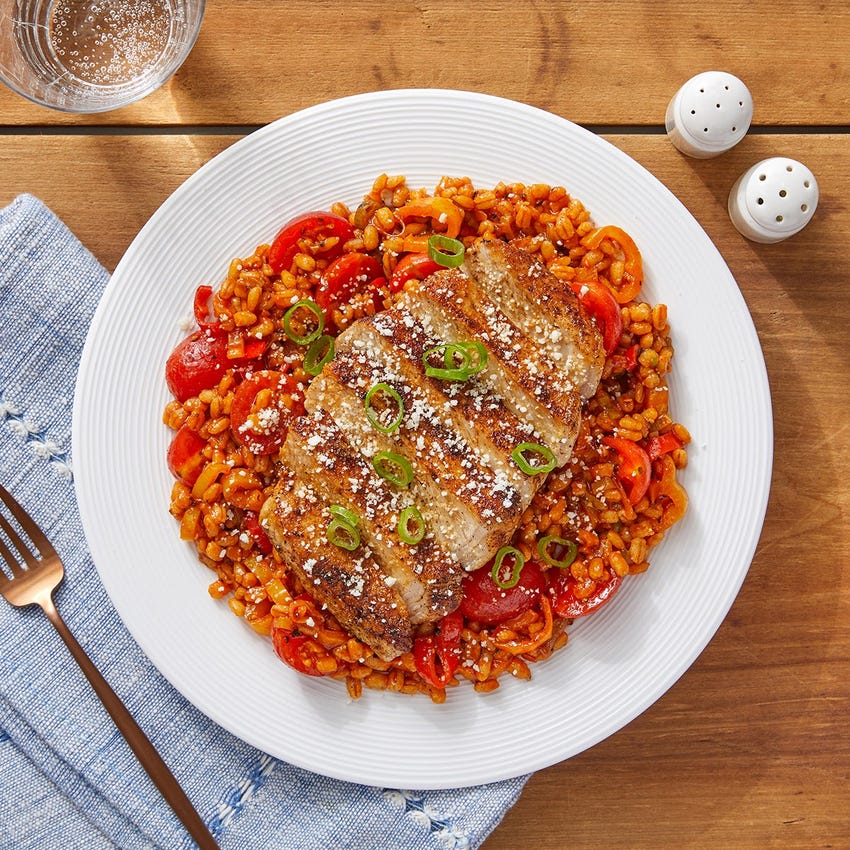 Recipe Mexican Spiced Pork Chops With Guajillo Barley Cotija Cheese Blue Apron