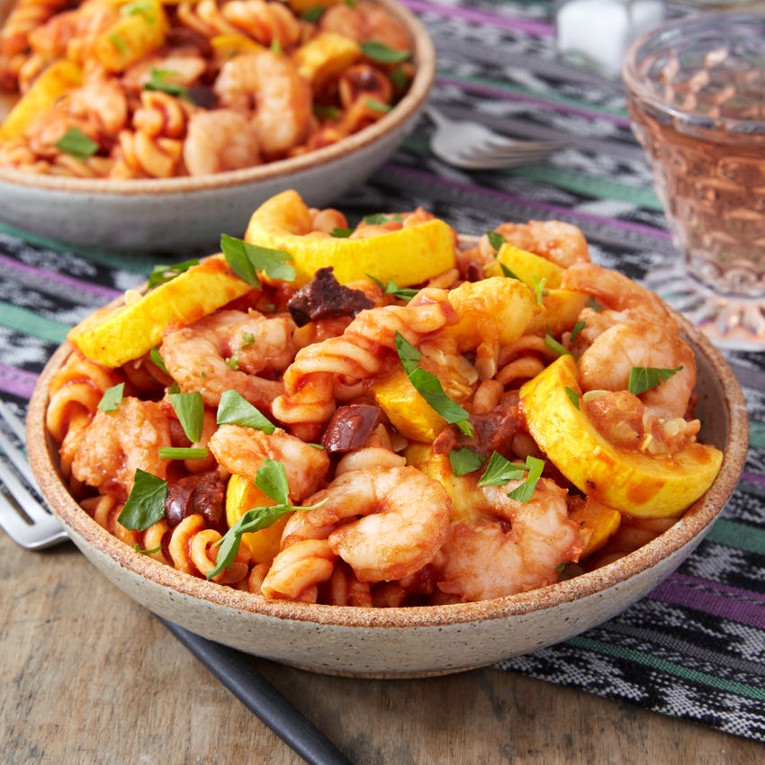 Recipe Shrimp & Fresh Fusilli Pasta with Summer Squash, Olives
