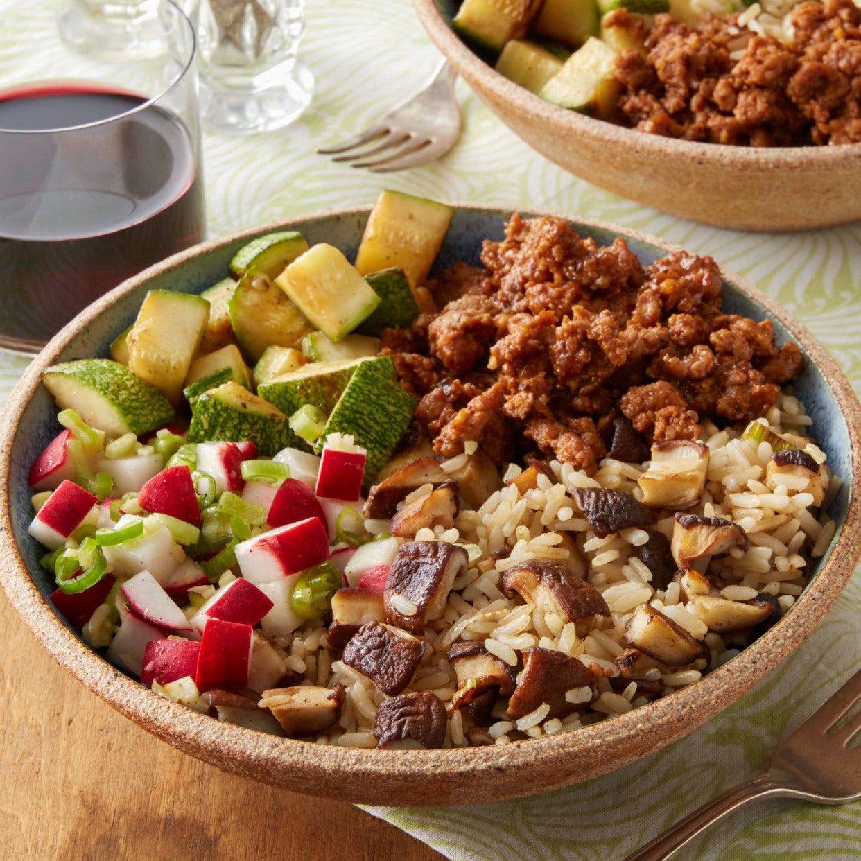 Recipe Spicy Pork & Rice Bowls with Shiitake Mushrooms & Summer Squash