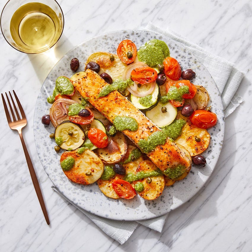 Recipe Pesto Salmon & Roasted Vegetables with Olives & Capers Blue Apron