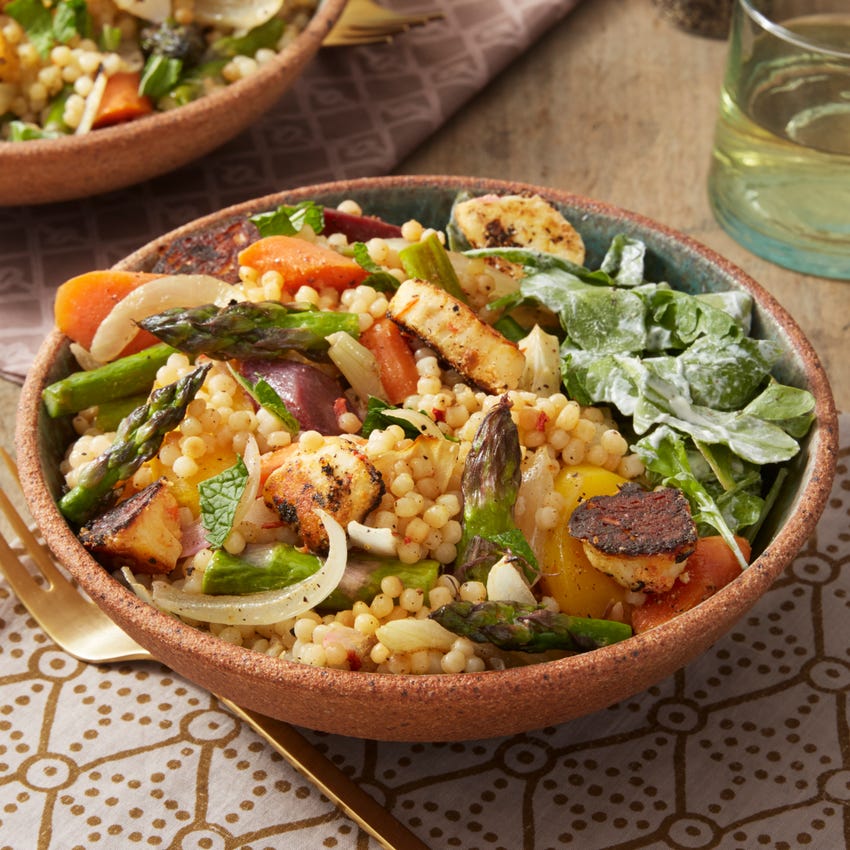 Recipe Spring Vegetables & Toasted Pearl Couscous with Spicy Halloumi