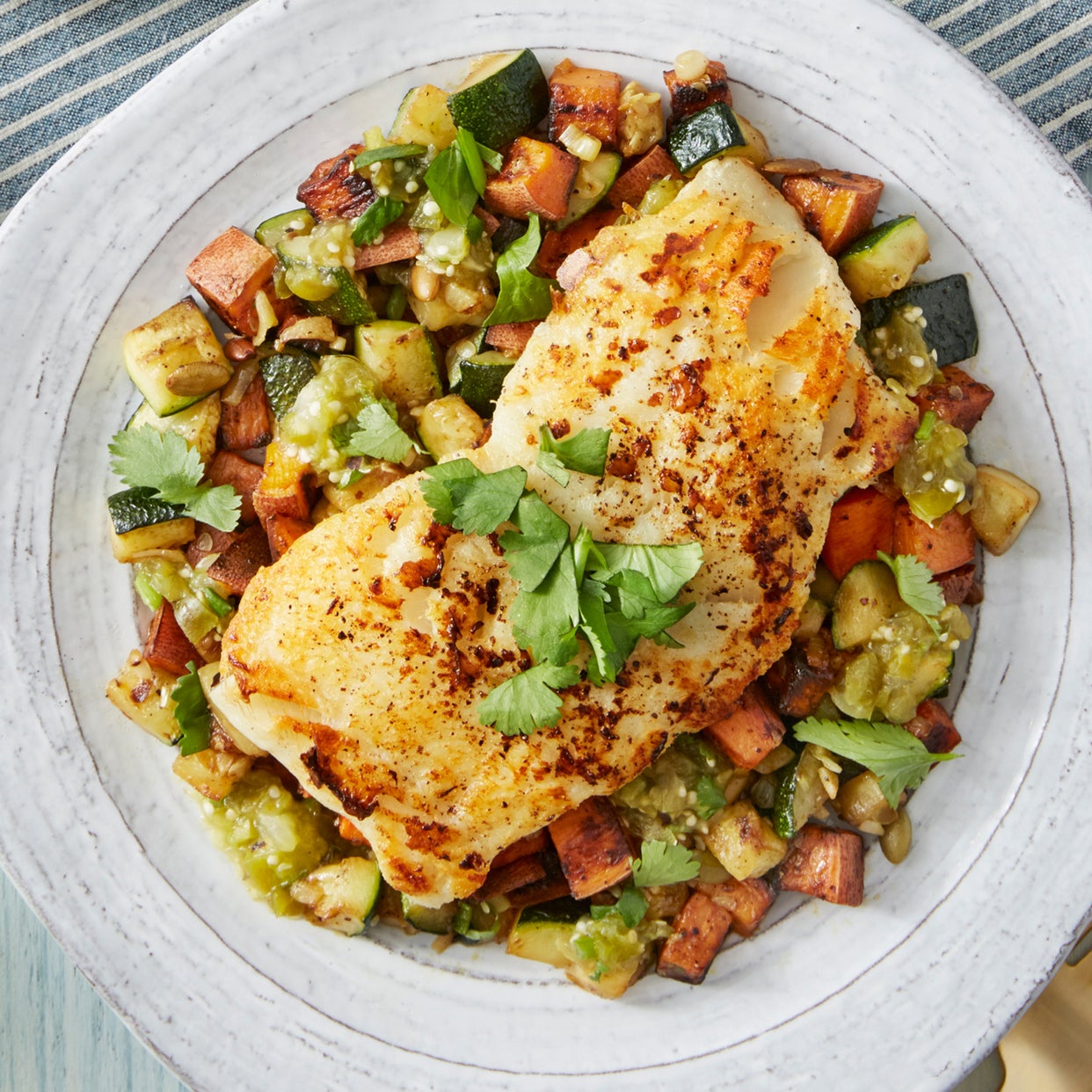 Recipe Cod & Tomatillo Salsa with Summer Squash & Sweet Potato Hash