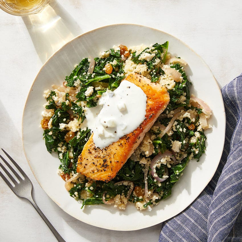 Recipe Oregano Salmon & Tzatziki with Couscous, Raisins & Kale Blue
