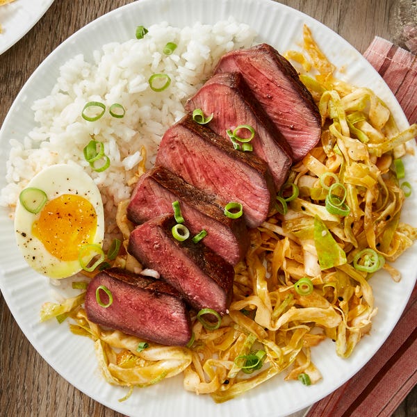 Recipe Seared Steaks & SoftBoiled Eggs with Quick Kimchi & Jasmine