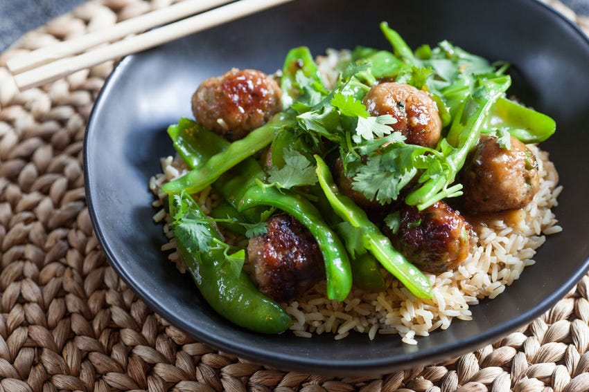 Recipe Glazed Mini Pork Meatballs Snow Peas Over Brown Rice Blue Apron Turkey meatballs, brown rice, caprese, oven roasted sprouts and poached peaches and pears with lemon. glazed mini pork meatballs snow peas over brown rice