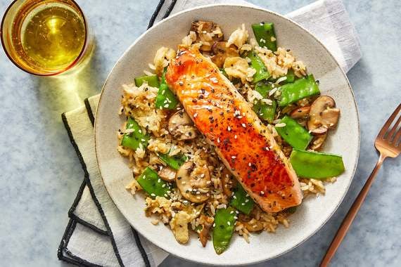Orange Salmon & Fried Rice with Mushrooms & Snow Peas
