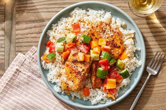 Seared Fish & Ponzu Mayo with Marinated Vegetables & Garlic Rice-image