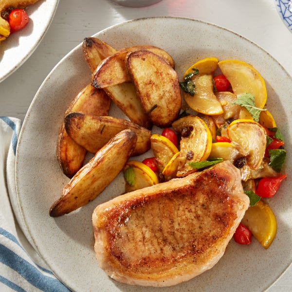 Recipe Pork Chops & Rosemary Potatoes with Summer Squash Agrodolce