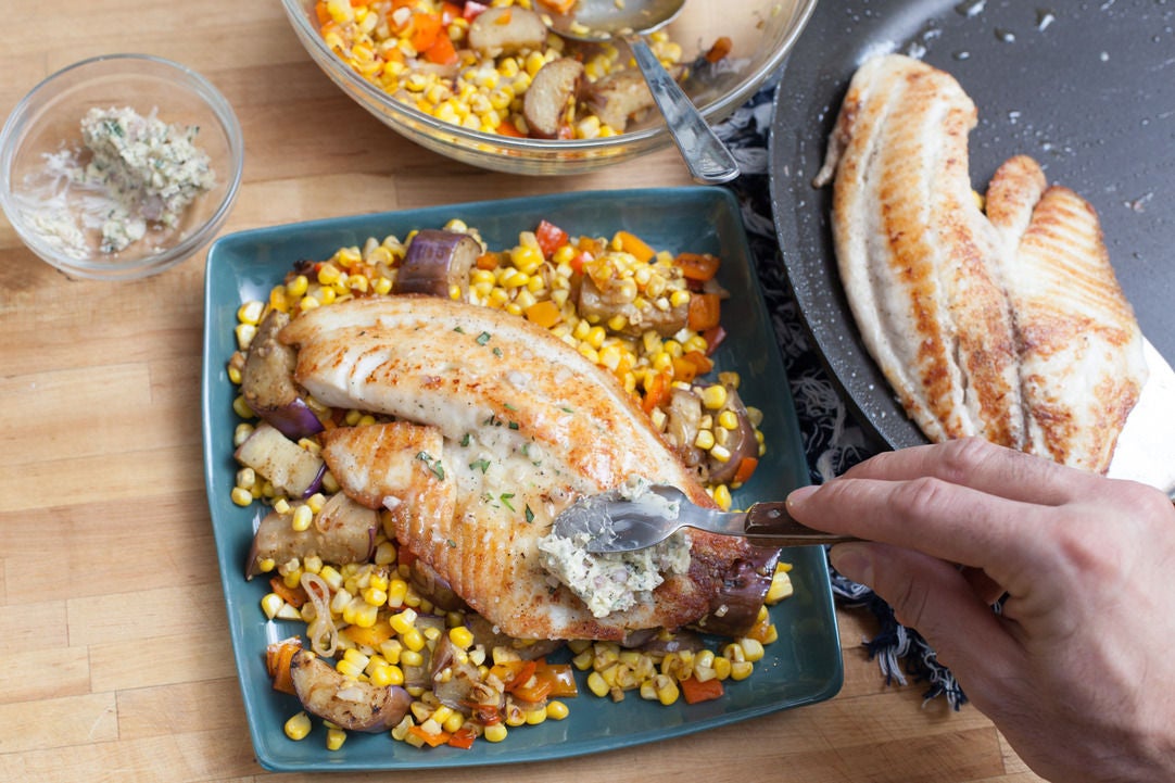 Recipe Tilapia with ShallotTarragon Butter over Corn & Japanese