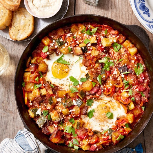 Spanish Style recipe: spanish-style eggs with summer squash, piquillo peppers Spanish Style recipe: spanish-style eggs with summer squash, piquillo peppers