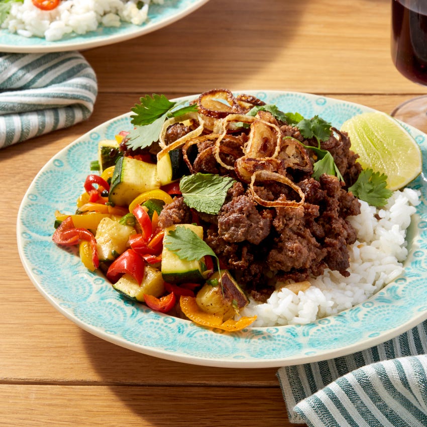 Recipe Sweet & Spicy Beef with Jasmine Rice & Crispy Shallot Blue Apron