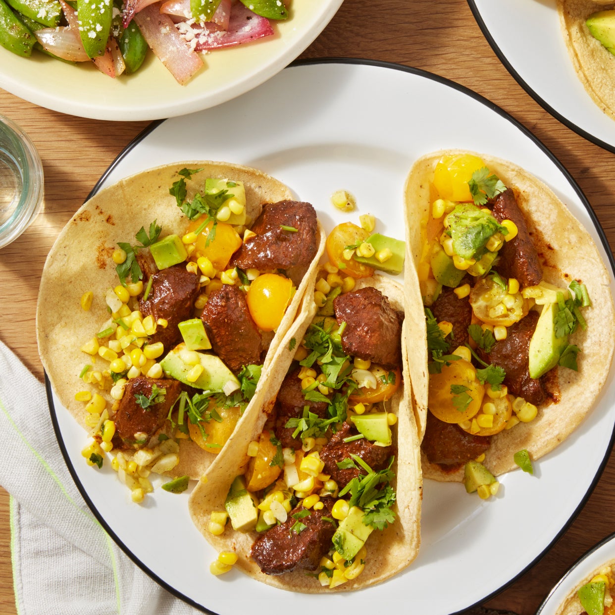Recipe Spiced Beef Tacos with Corn Salsa & Sugar Snap Pea Salad Blue