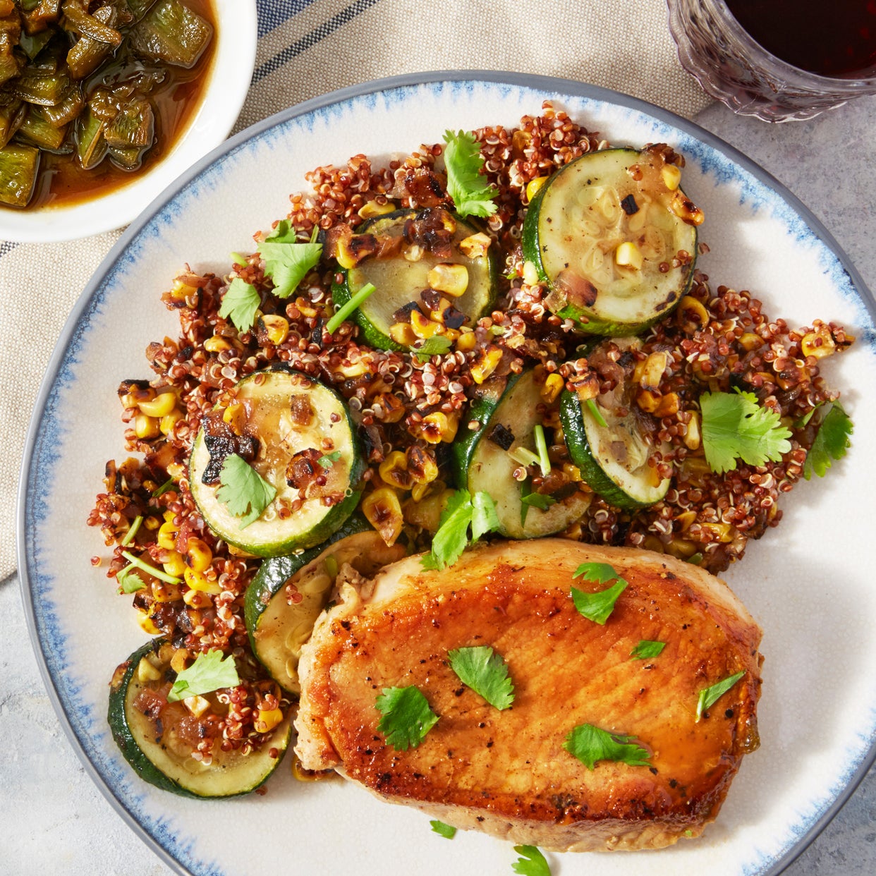 Recipe Spicy Green Chile Pork Chops with Summer Squash, Corn, & Quinoa