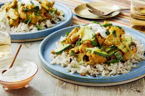 Persian-Style Chicken & Crispy Rice With Zucchini, Currants & Lemon Labneh