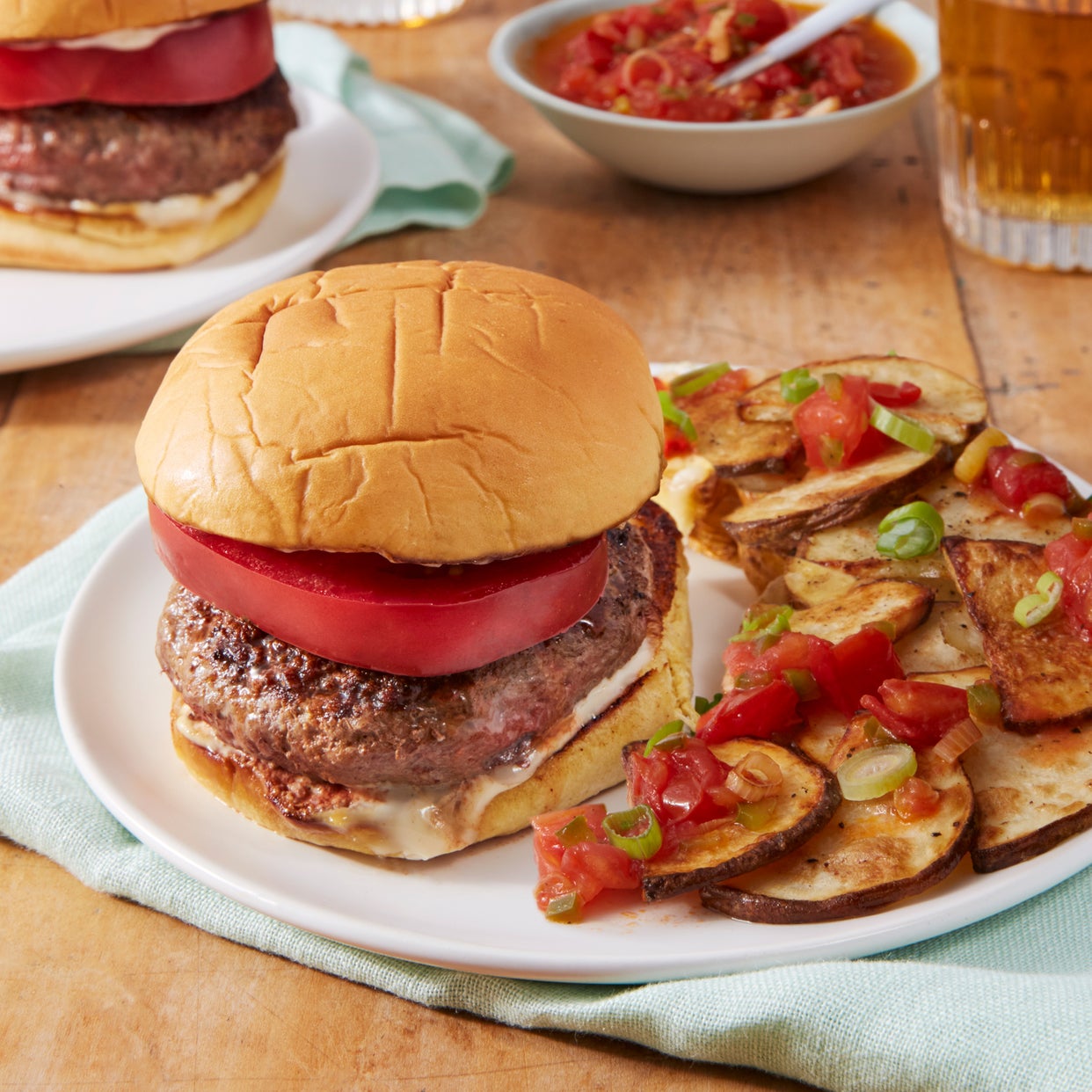 Recipe Heirloom Tomato Lamb & Beef Burgers with Loaded Cheesy Potatoes