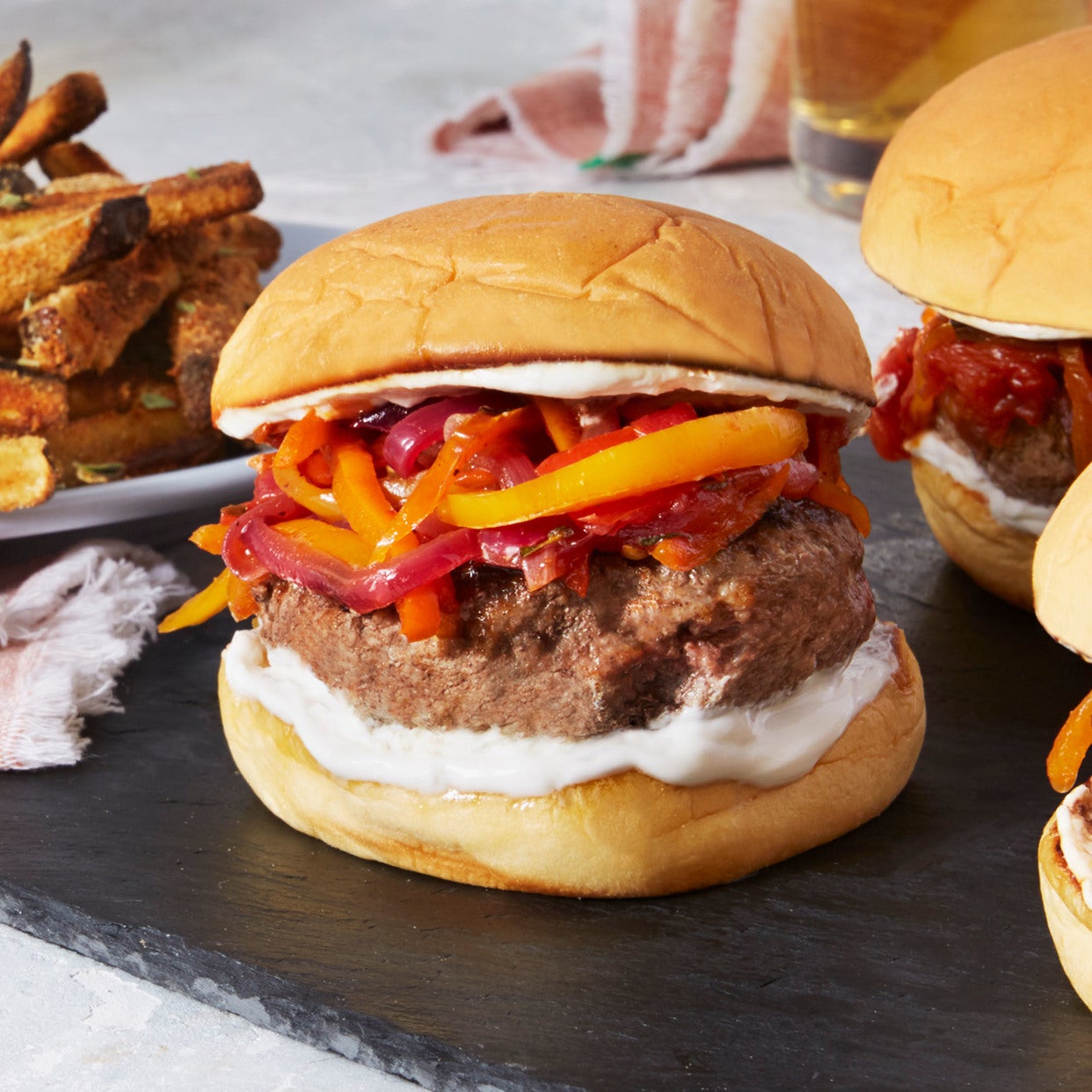 Recipe Lamb & Beef Burgers with Sweet Peppers & Baked Eggplant Fries