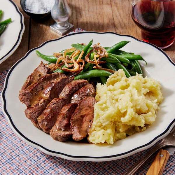 Recipe Seared Steaks & Thyme Pan Sauce with Mashed Potatoes, Green