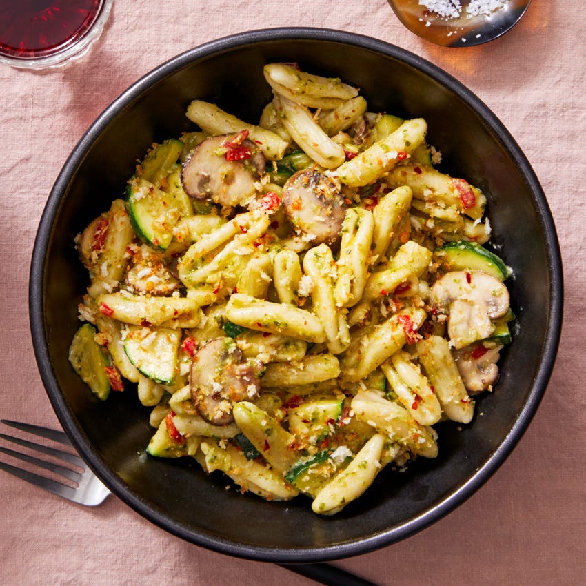 Recipe Creamy Pesto Cavatelli with Mushrooms & Spicy Breadcrumbs