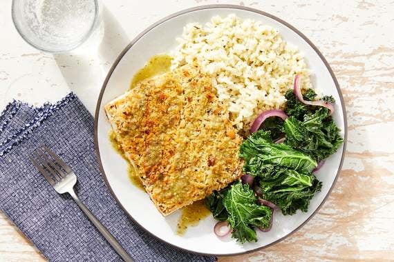 Pepita & Panko-Crusted Tofu with Rice & Tomatillo-Poblano Sauce