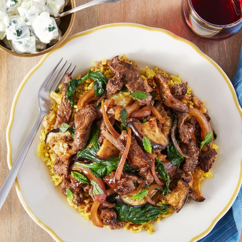 Recipe Sautéed Beef & Roasted Eggplant with Spiced Rice & Cucumber