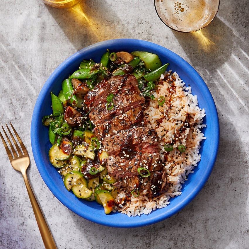 Recipe KoreanStyle Steak & Rice Bowls with Mushrooms, Bok Choy & Snap