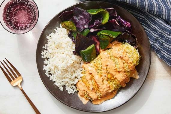 Crispy Curry Chicken & Roasted Vegetables with Coconut Rice & Creamy Tomato Chutney-image