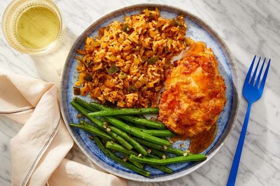 Hot Honey Crispy Chicken With Dirty Rice & Garlicky Green Beans-image
