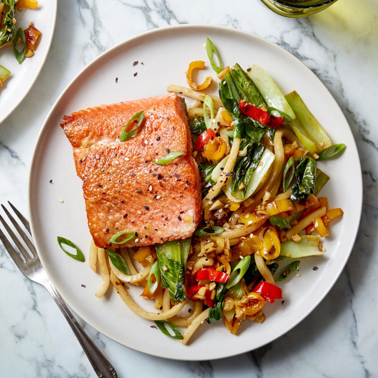 Recipe Salmon & Udon Noodle StirFry with Sweet Peppers, Bok Choy