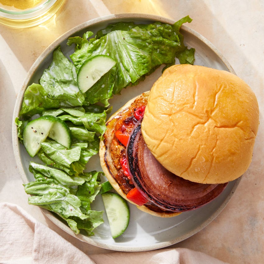 Recipe Pork Chorizo Burgers with Fig Mayo & Roasted Peppers Blue Apron