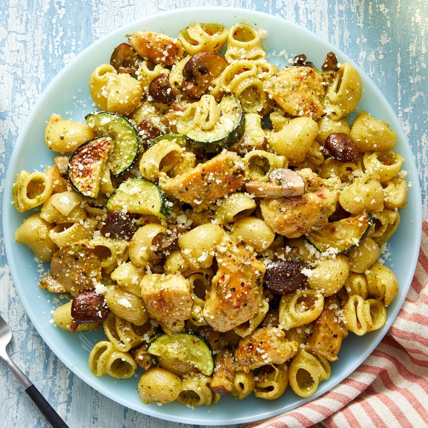 Recipe Pesto Chicken Pasta With Zucchini Mushrooms Blue Apron