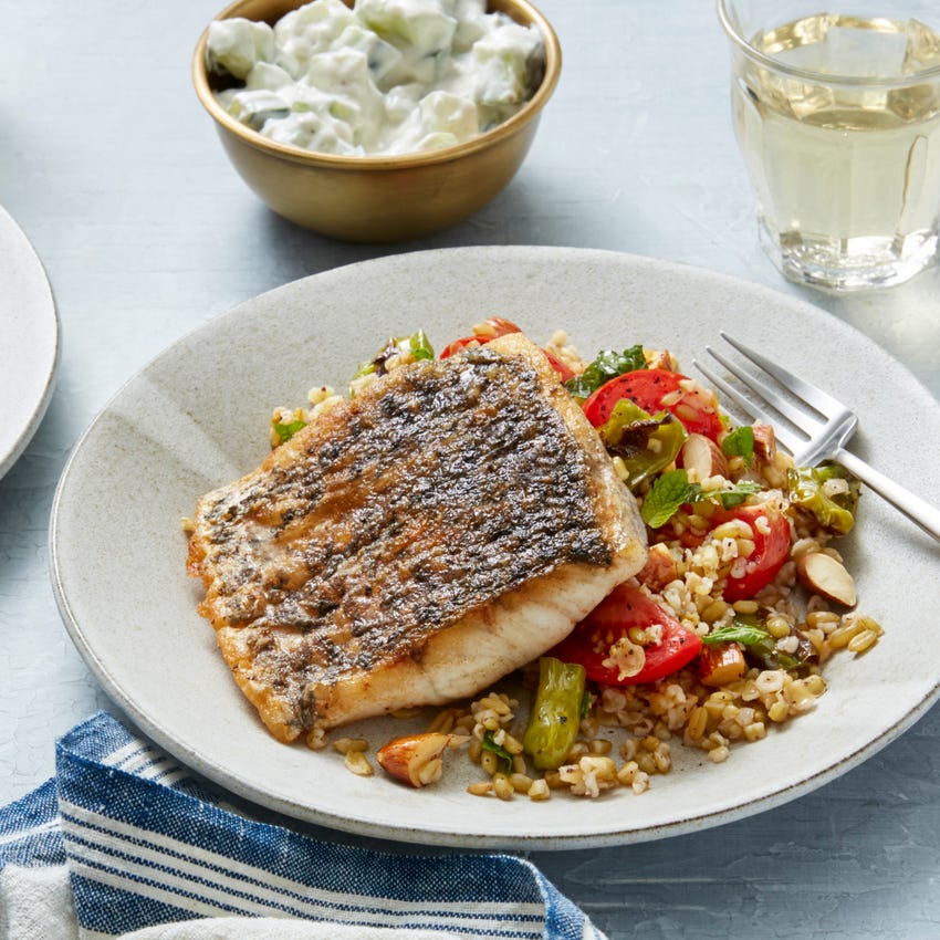 Recipe Barramundi Tzatziki Sauce With Summer Vegetable Freekeh Salad Blue Apron