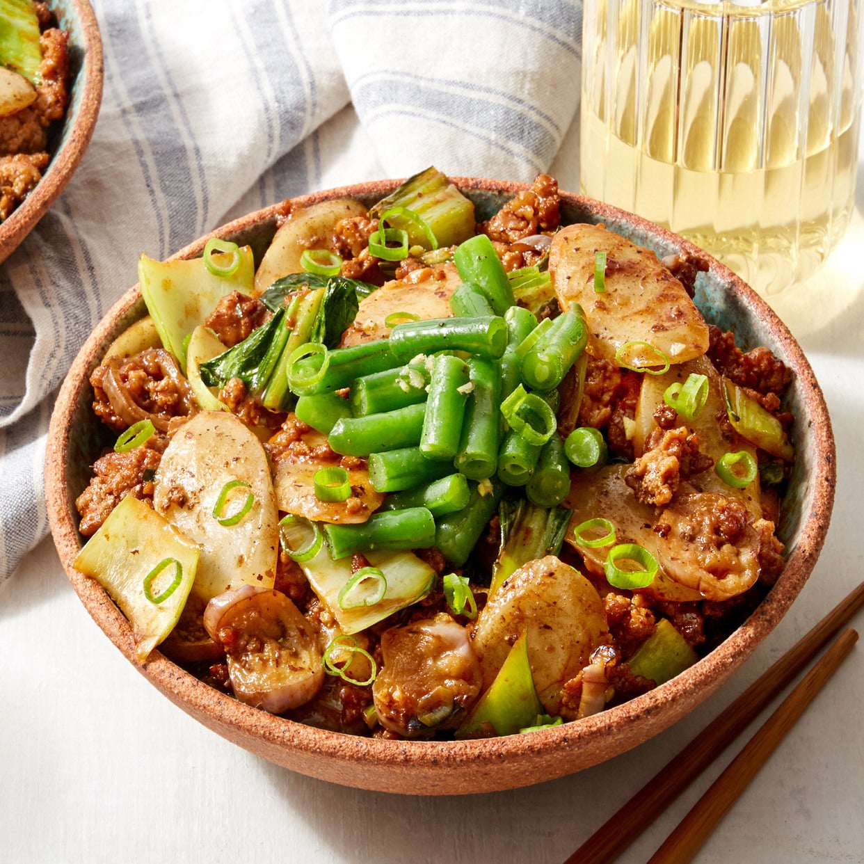 Recipe SoyGlazed Pork & Rice Cakes with Bok Choy & Marinated Green