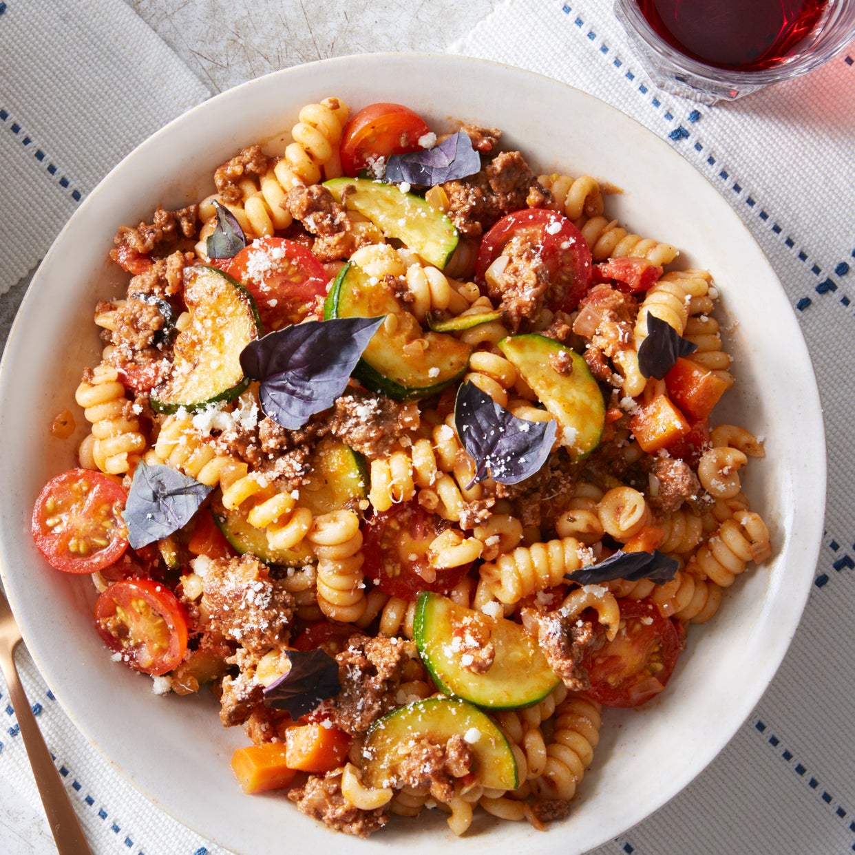 Recipe Beef Bolognese with Cherry Tomatoes, Summer Squash, & Opal
