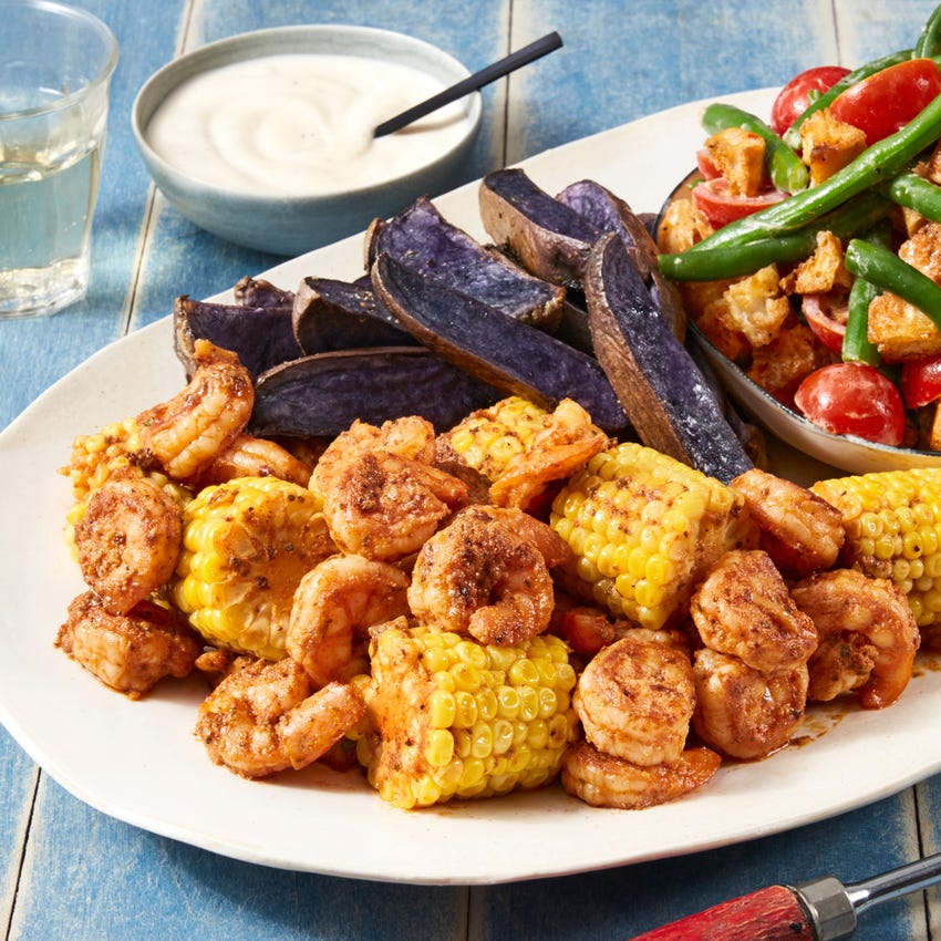 Recipe GarlicButter Shrimp & Corn with Green Bean Salad & Roasted