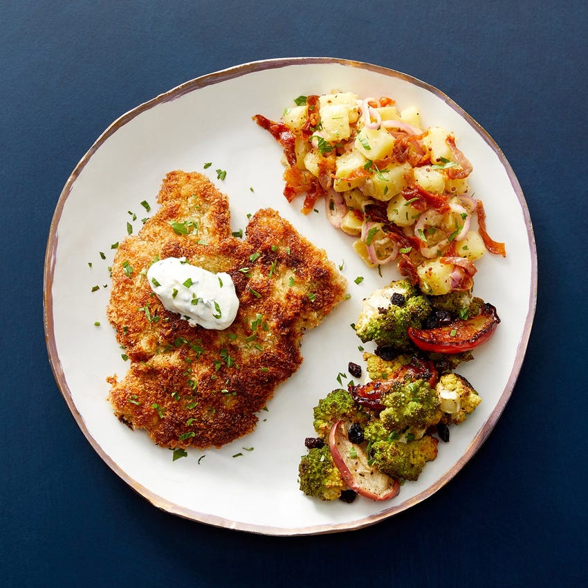 Recipe Pork Schnitzel Chive Sour Cream With Prosciutto Potato Salad Roasted Romanesco Blue Apron